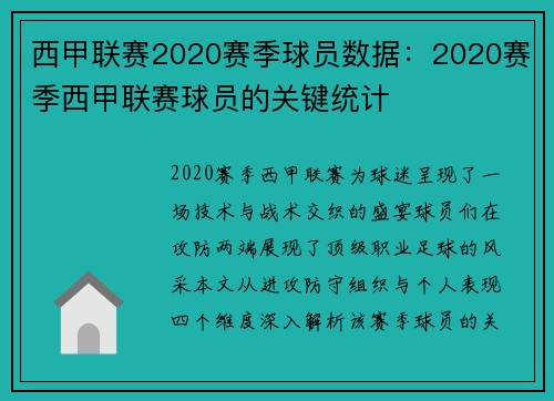 西甲联赛2020赛季球员数据：2020赛季西甲联赛球员的关键统计