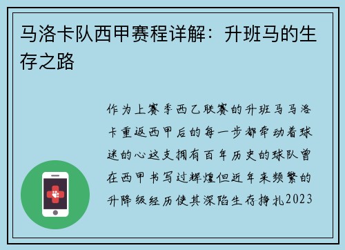 马洛卡队西甲赛程详解：升班马的生存之路