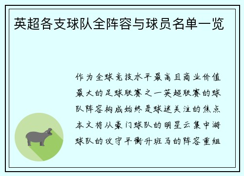 英超各支球队全阵容与球员名单一览